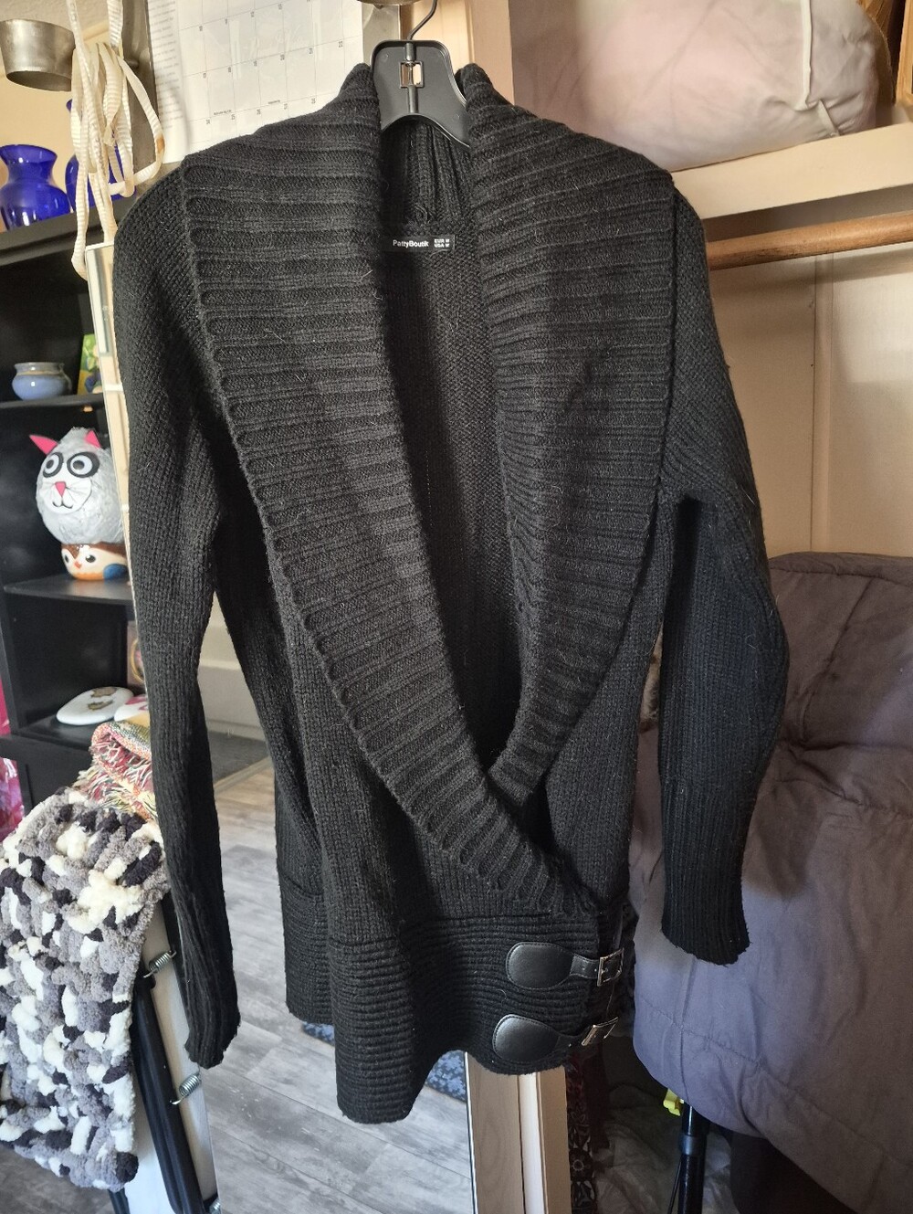 Black Shawl Collar Buckle Cardigan Sweater